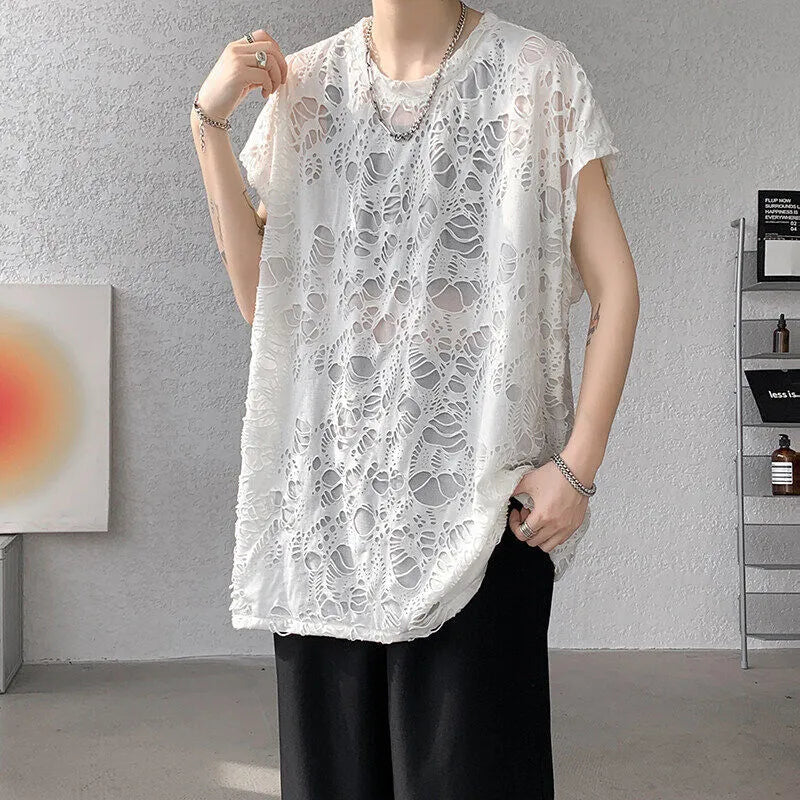 Black ripped beggar sleeveless wide shoulder vest, loose fit, polyester fibre, Japanese retro style