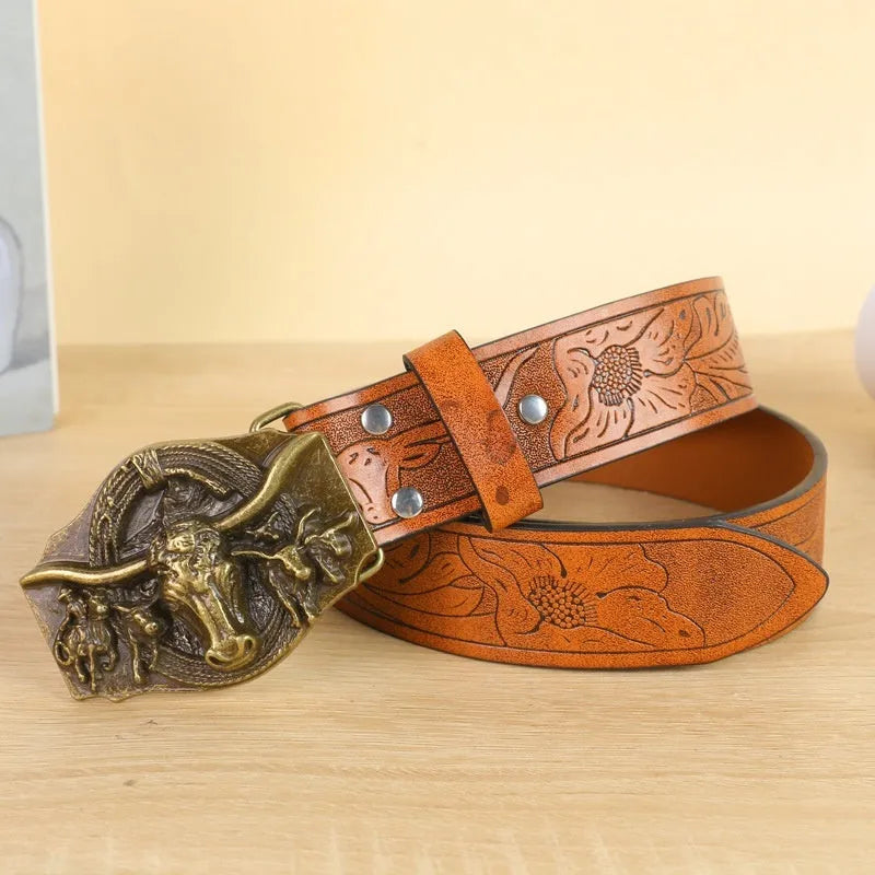 Men's imitation leather belt with electroplated cow head alloy buckle, 125 cm length