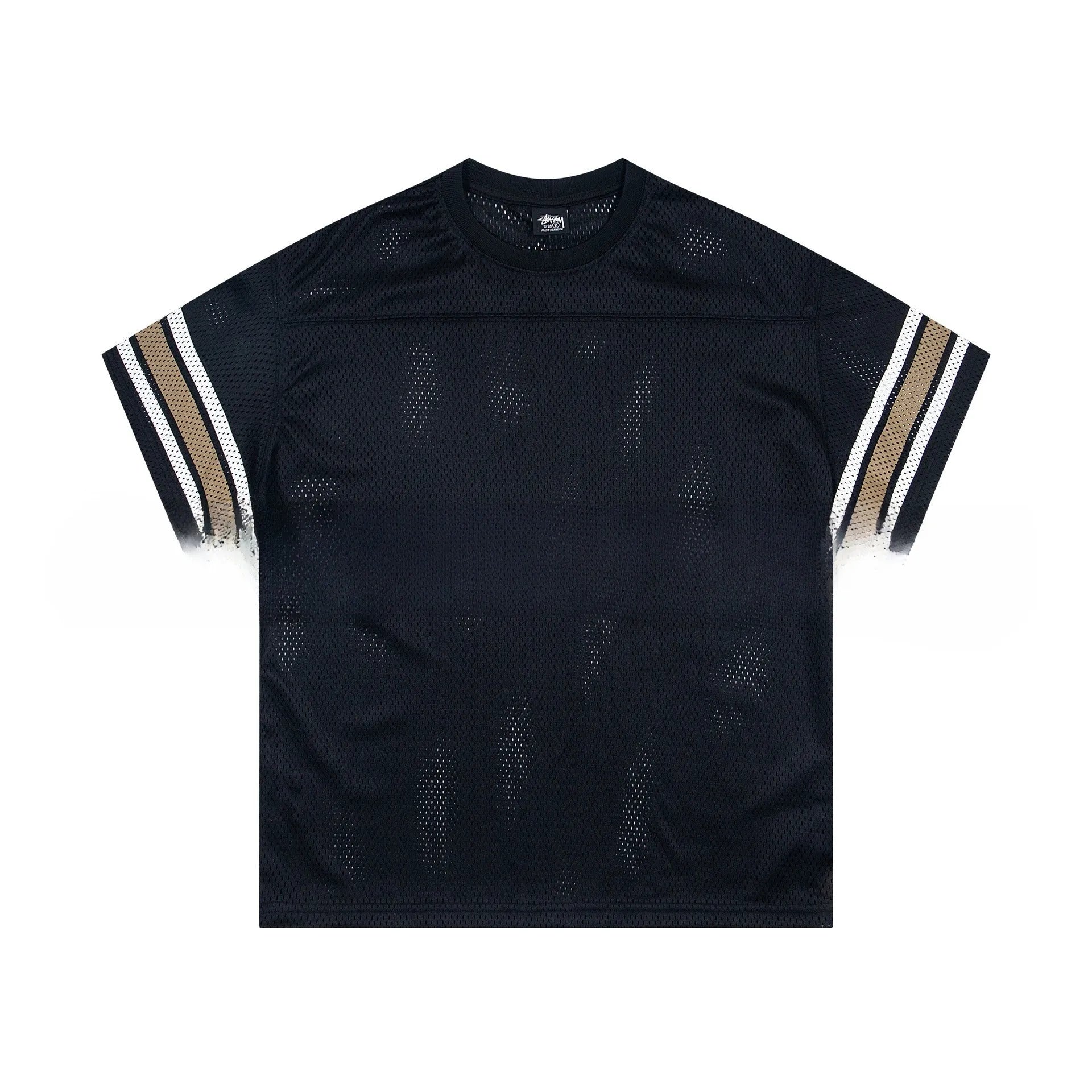 Cotton sports jersey letter print short sleeve pullover in black, loose fit, front view