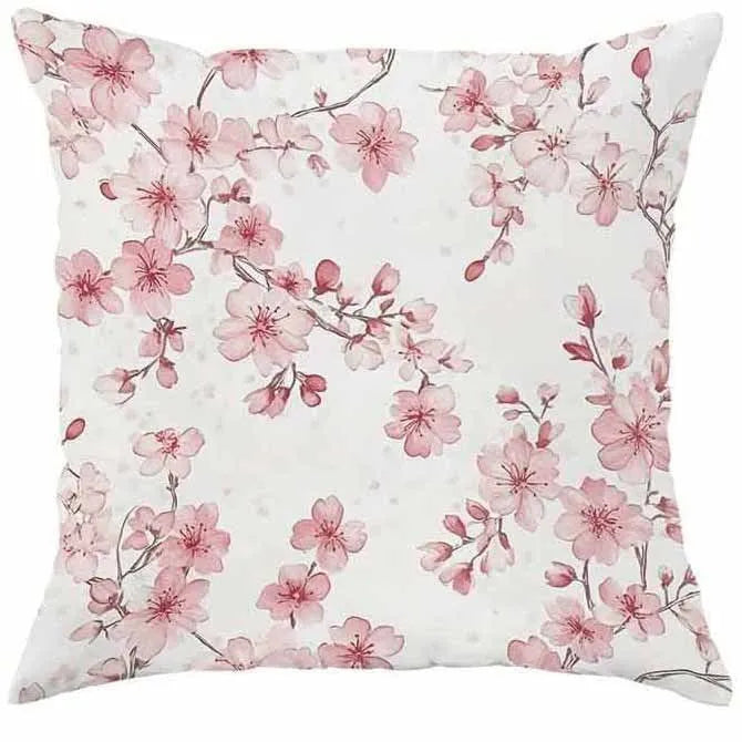 Square short velvet cushion cover with cherry blossom and letter print, 45cm, shown in one of four available colours.