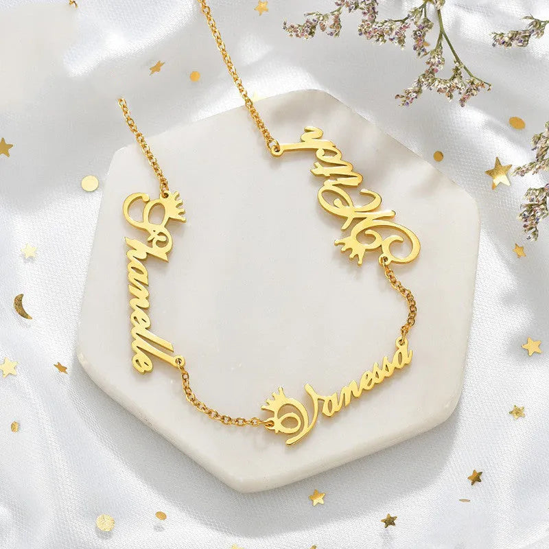 Custom name necklace stainless steel with titanium steel pendant engraved with two names gold finish