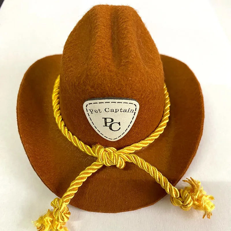 British-style brown non-woven fabric cowboy hat for a cat on a mannequin head.
