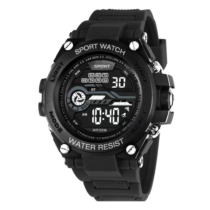 Digital electronic watch with adjustable strap shown in multiple colour options