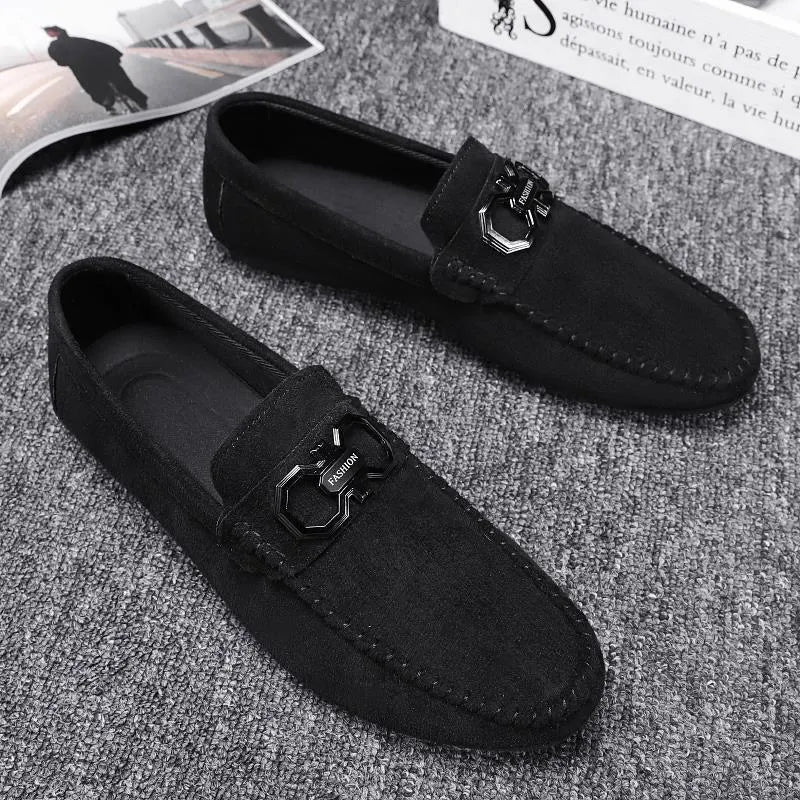 Men's black and grey suede summer casual shoes with leather details and rubber soles