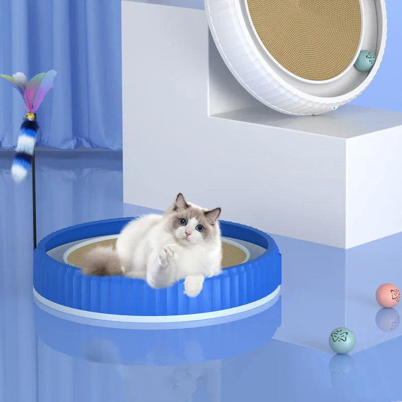 Round cat scratching board with replaceable corrugated paper pad, PP rim, and blue bell ball track