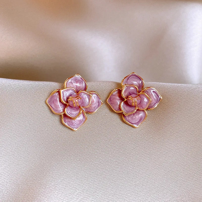 Gold plated purple flower stud earrings with oil-spot glaze finish and fresh style