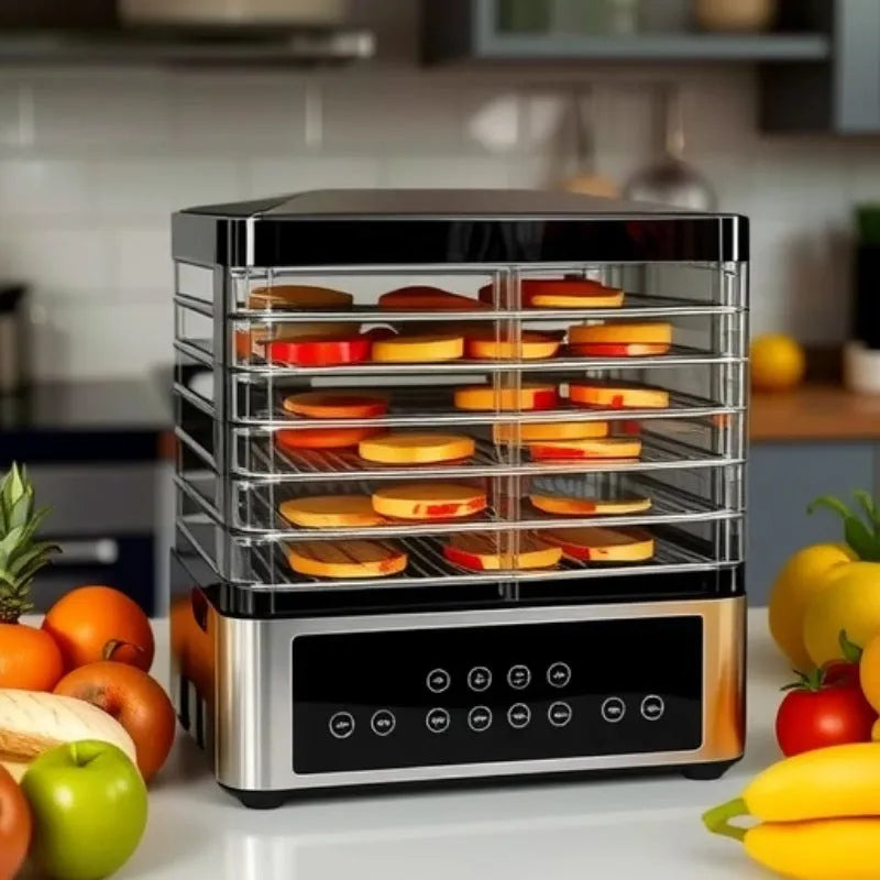 Silver stainless steel household food dehydrator with 14-litre capacity display