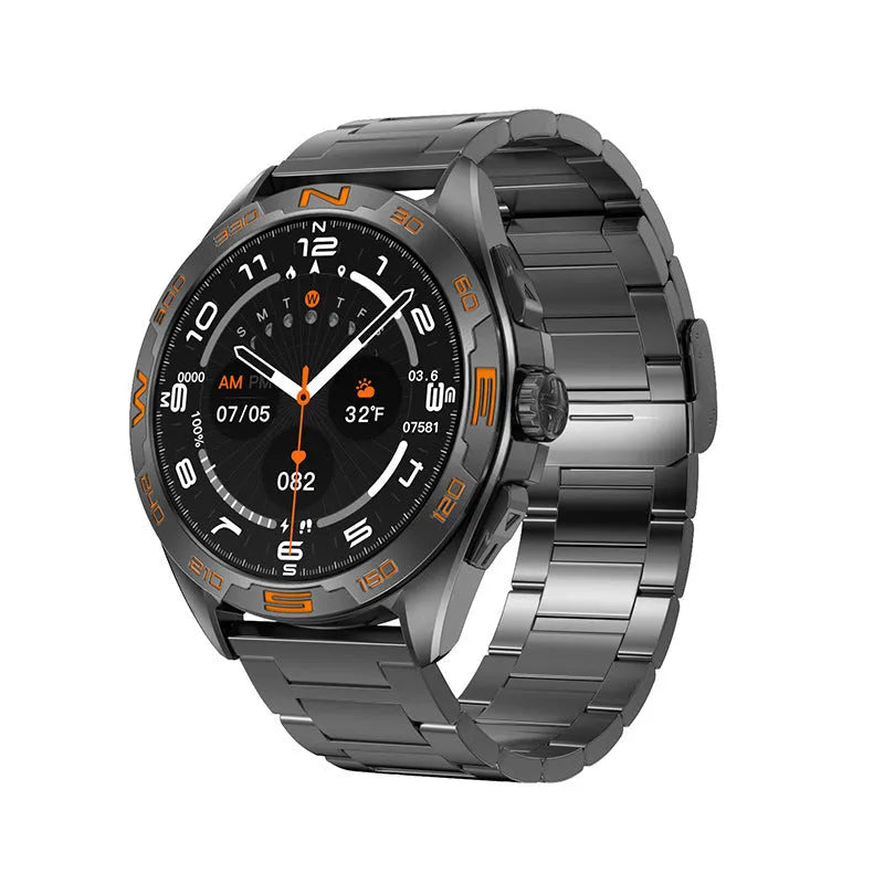 Smart watch with health monitoring display showing blood pressure, heart rate and WhatsApp message reply function