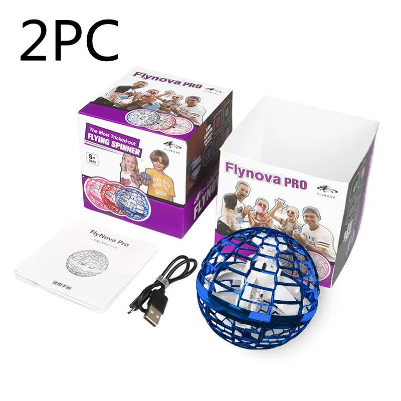 Blue LED spinning flying ball toy with magic wand accessory on white background