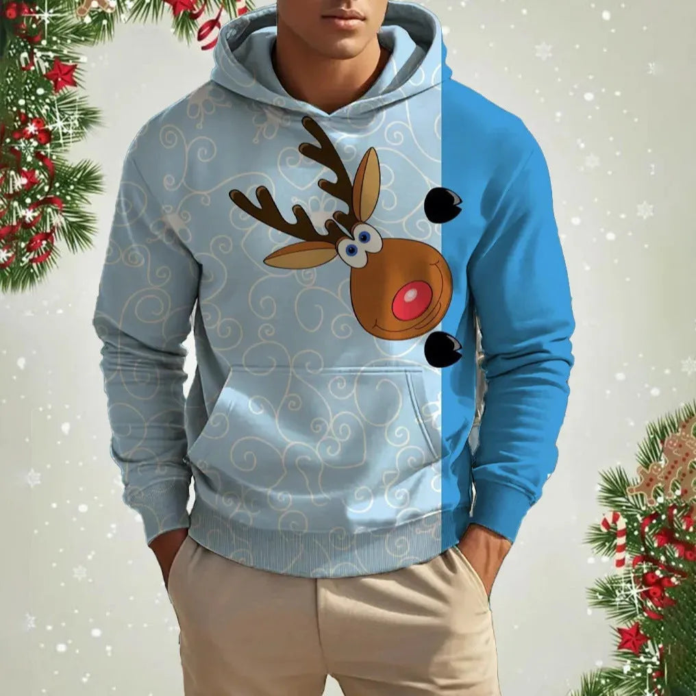 Men's Christmas reindeer 3D printed hoodie in red, front view, pullover style, polyester fibre fabric.