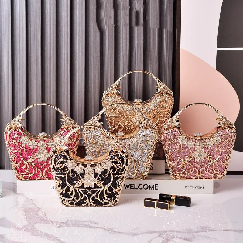 Silver hollow-out party clutch with shiny finish, flower motif, and bucket shape on a plain background
