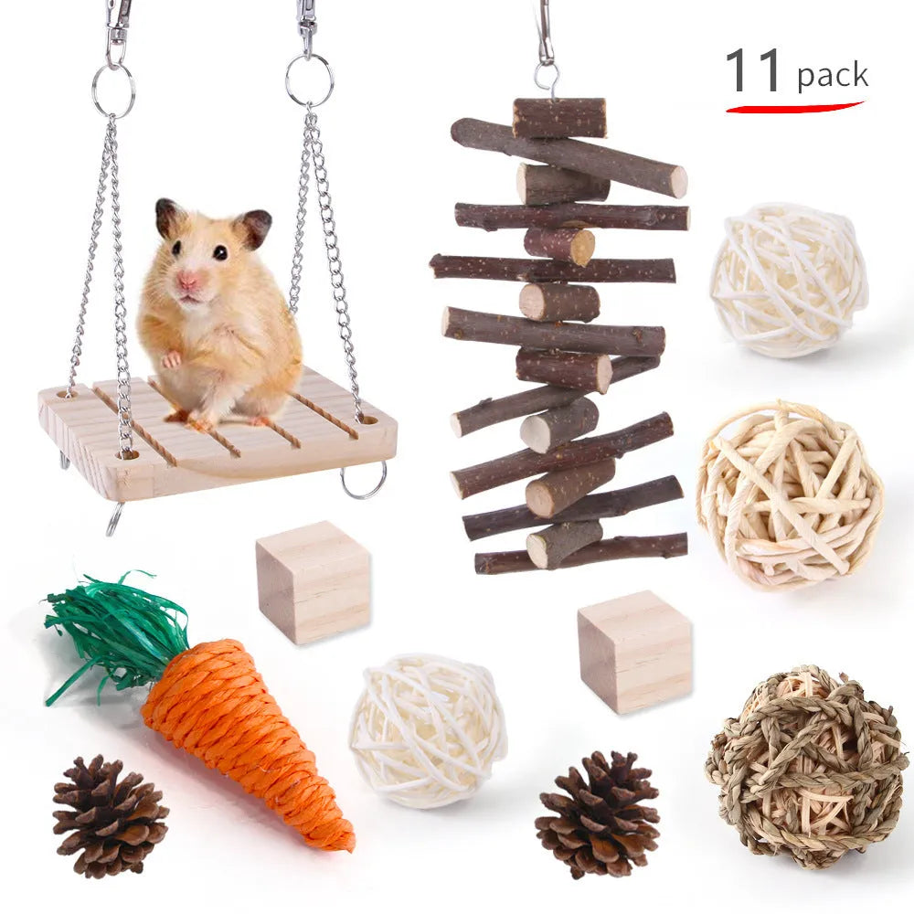 Wooden pet toy set with molar stick, straw mattress and woven balls for rabbits, guinea pigs and parrots