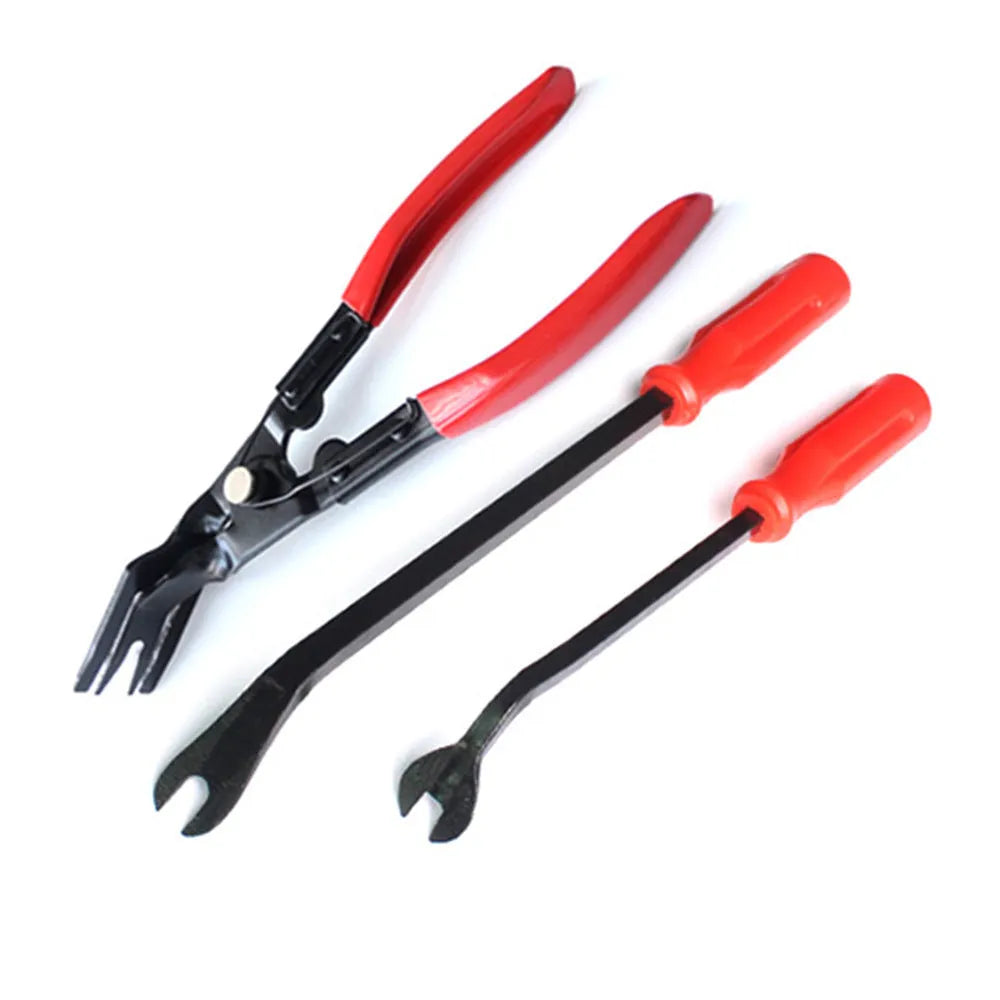 Red handle automotive clip driver tool for General Motors door panel nailing with light switch pliers