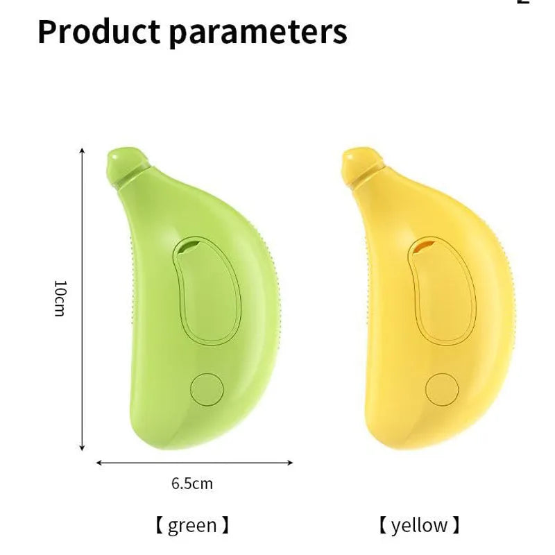 Rechargeable cat steam brush with silicone construction and cat paw-shaped teeth in green or yellow colours