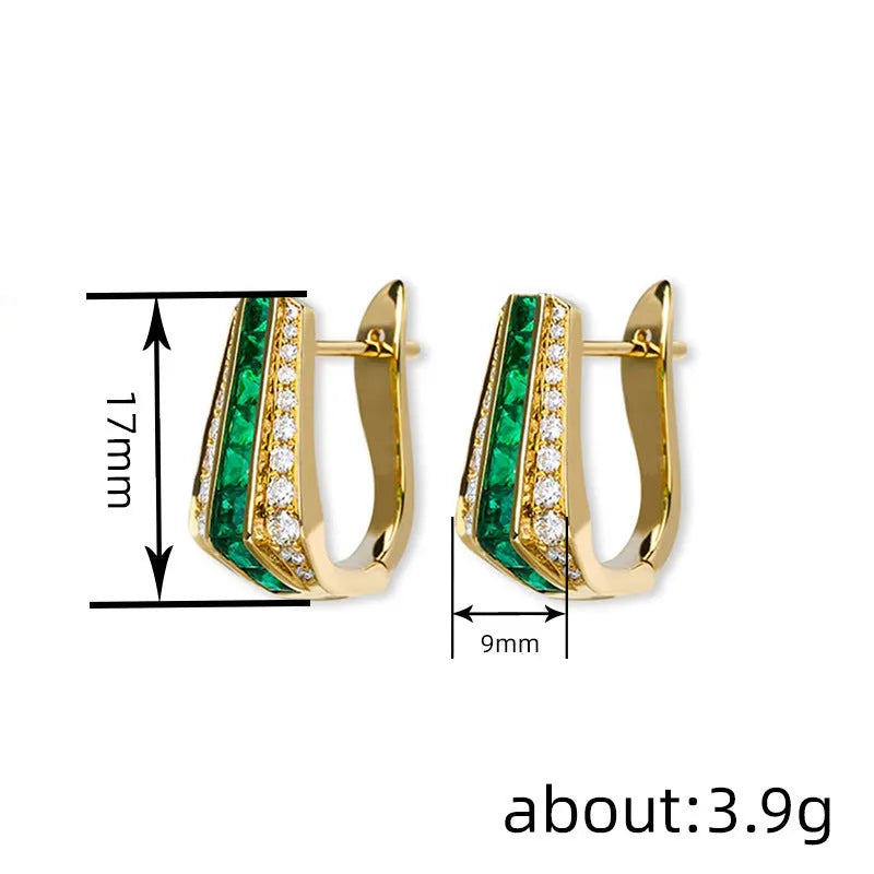 Women's geometric faux emerald clip-on earrings with round triangle design, inlaid zircon, yellow gold copper finish
