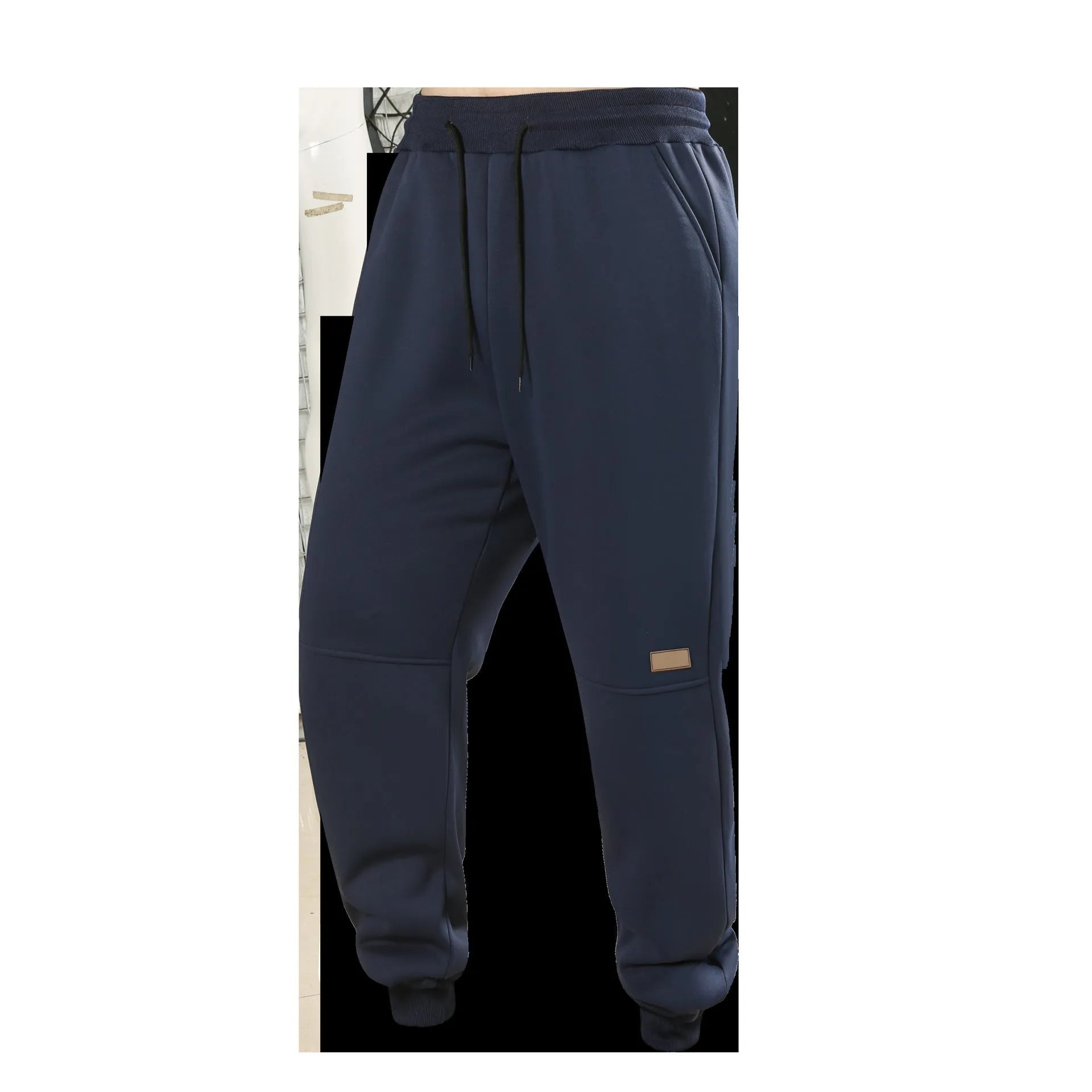 Lamb fleece casual sweatpants for men in solid Gray, Black, and Blue, synthetic blend, mid-rise