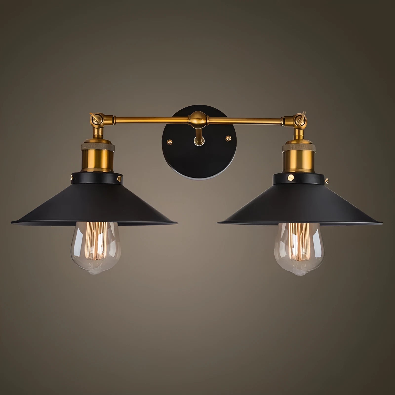 Black industrial dual head wall lamp with retro iron craft design and Edison bulb compatibility