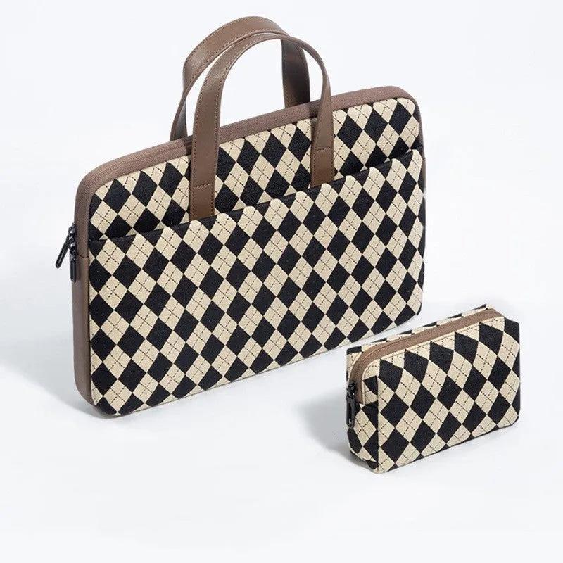 Protective padded laptop sleeve with airbag lining, zip closure, and leather carry loop, Diamond Apricot colour