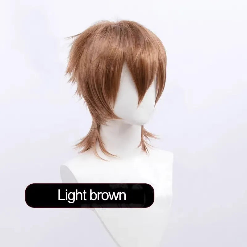 A short hairstyle Anime cosplay wig for men on a stand, shown in a vibrant colour.