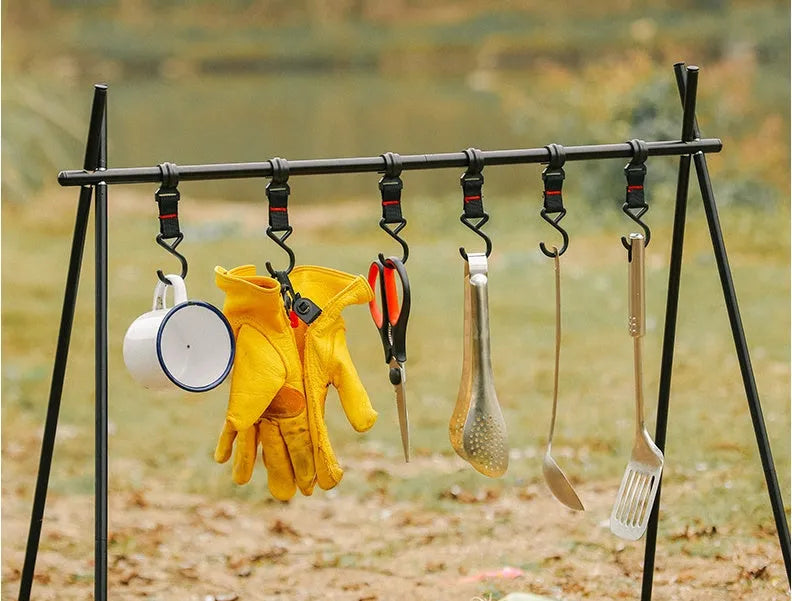 Folded and unfolded aluminium camping drying rack with hooks and side hanger.