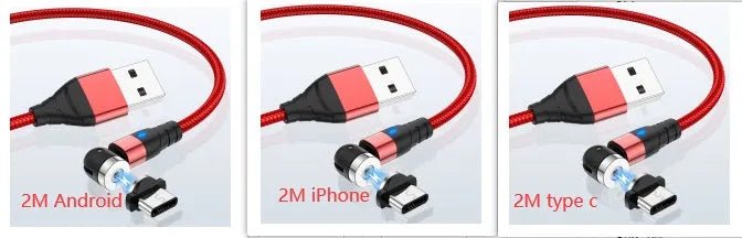 Black magnetic charging cable with LED diamond lamp, showing Android and Type-C magnetic connectors.
