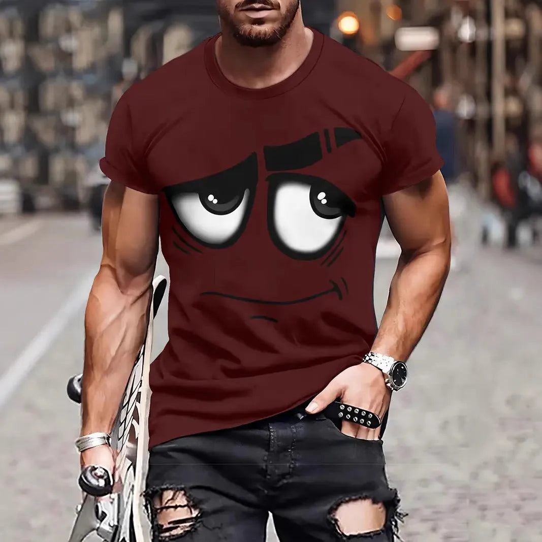 Casual loose anime digital printing short sleeve t-shirt pullover in dark blue front view
