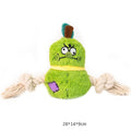 Green interactive plush rope knot dog toy shaped like a bb with molar tooth texture for tug of war.