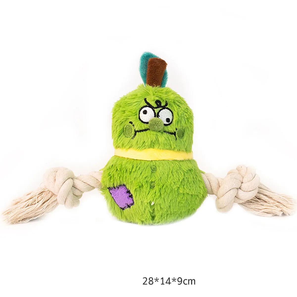 Green interactive plush rope knot dog toy shaped like a bb with molar tooth texture for tug of war.