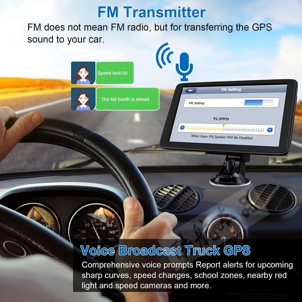 7 inch car GPS navigation device with touchscreen display on vehicle dashboard
