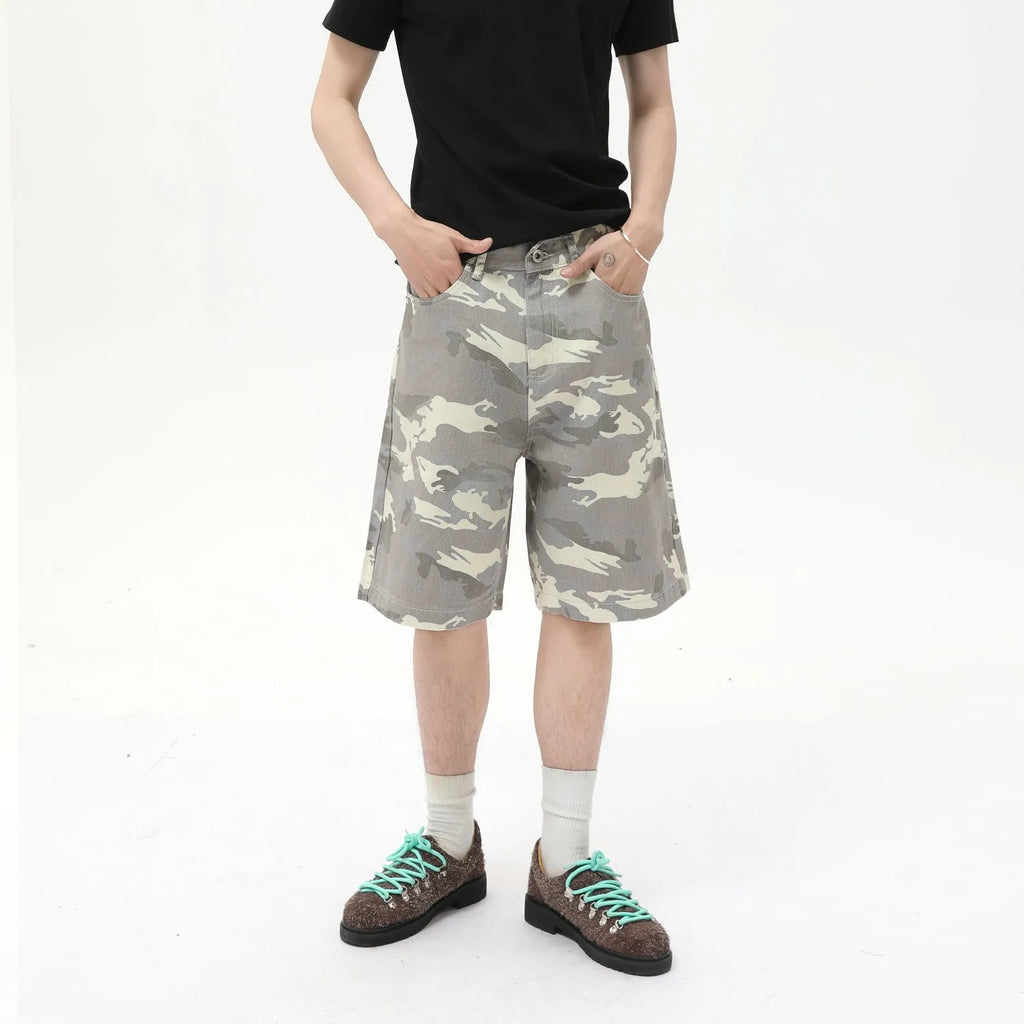 Men's American-style camouflage loose wide leg cotton denim shorts with zipper fly
