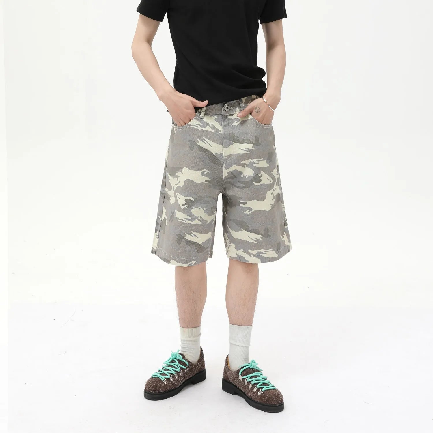 Men's American-style camouflage loose wide leg cotton denim shorts with zipper fly