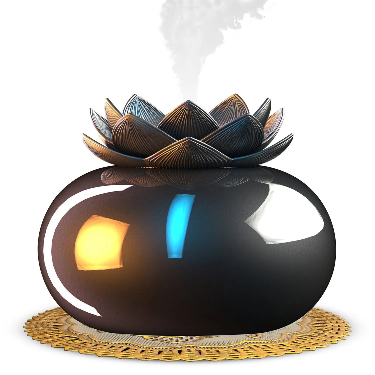 Pure black round lotus aromatherapy humidifier with USB cable and ceramic stone.