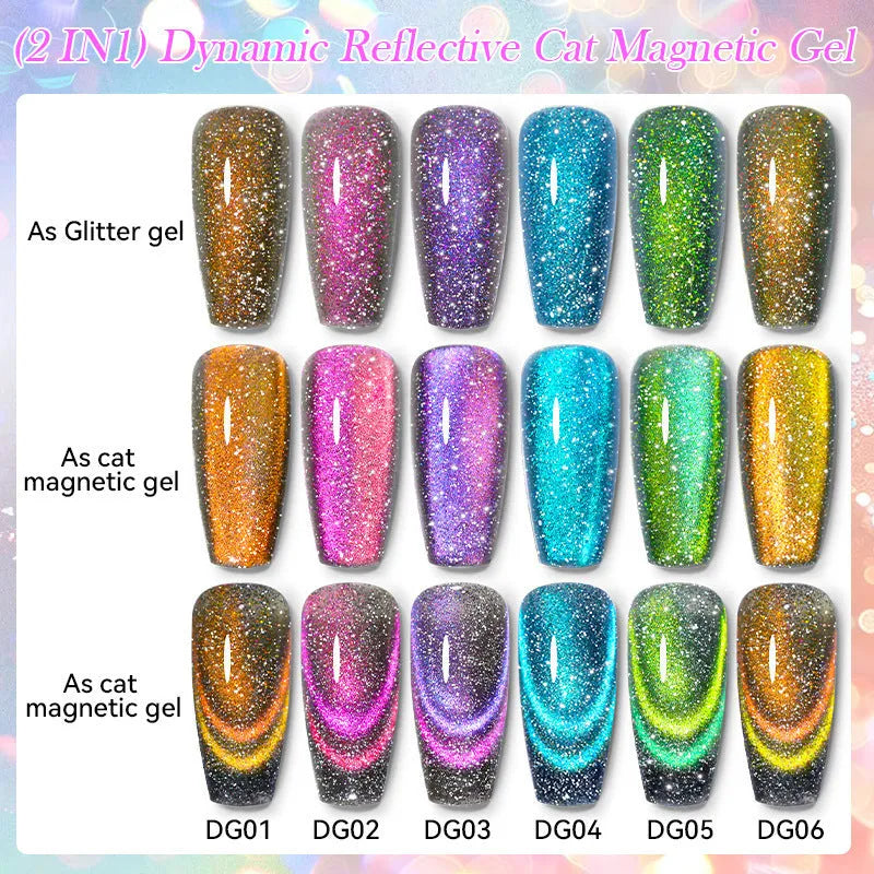 Cat eye series gel nail polish bottles showing six colour variations with diamond glitter fragments
