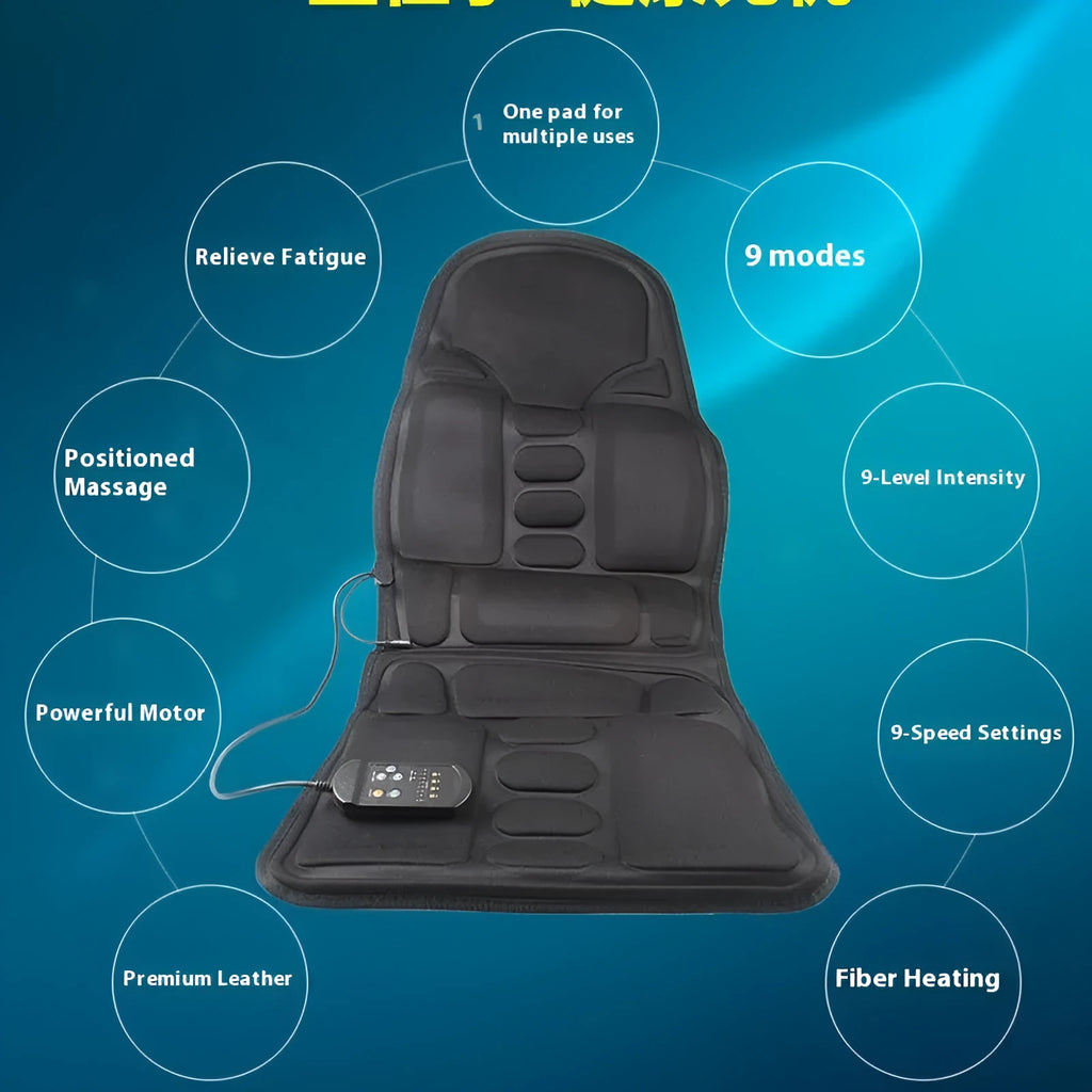 Black heating massage mat seat cushion with infrared physiotherapy function and variable speed control