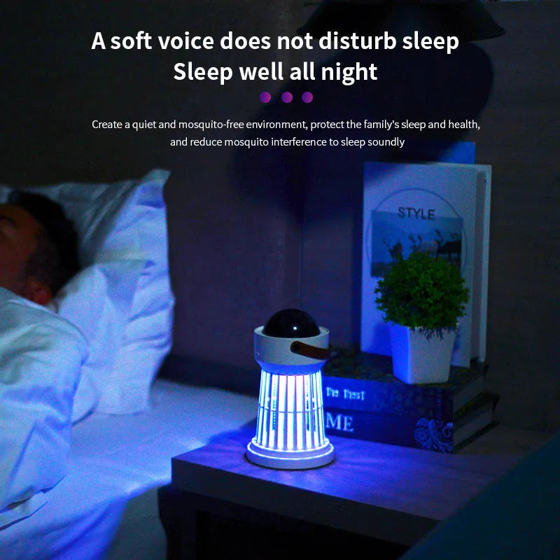 2 in 1 electric mosquito killer lamp with star ceiling projection, white ABS shell, USB charging, for indoor and outdoor use