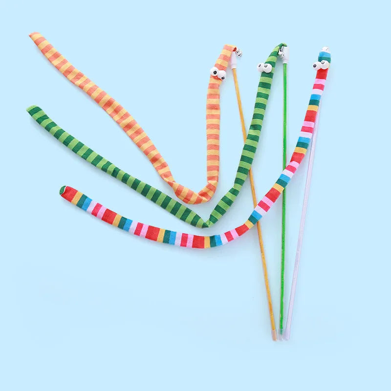 Cat wand teaser toy with polycarbonate pole and long plush strip in vivid colours