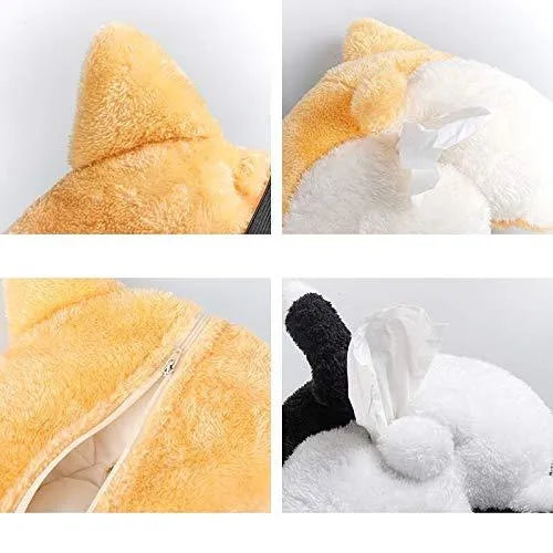Yellow soft plush corgi butt shaped tissue box cover with elastic strap for car or home.