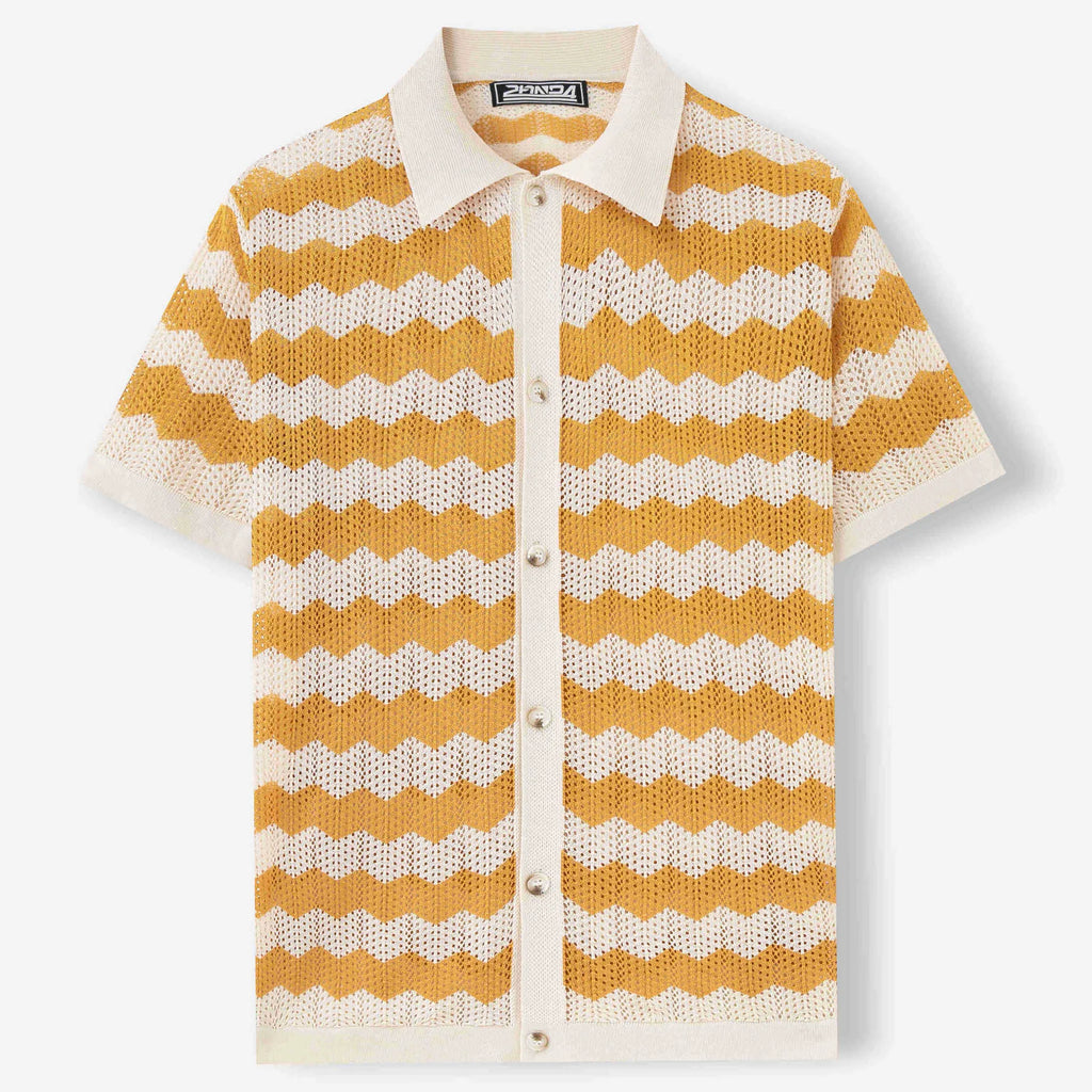 Short sleeve corrugated pattern sweater in blue colour with textured jacquard construction