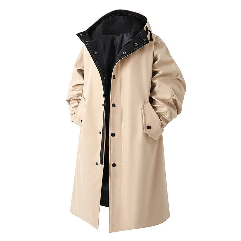 Men's solid color casual mid-length trench coat with hood in khaki, front view, 65cm length