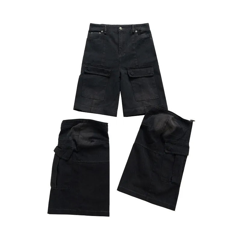 Detachable washed-out cotton overalls with multiple pockets in black colour showing mid-waist fit and zip placket