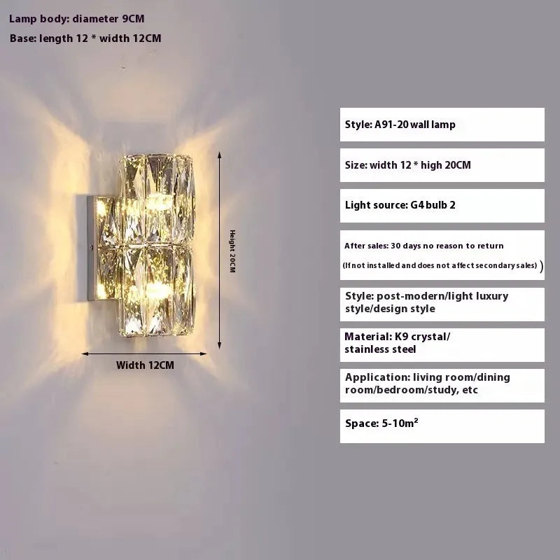 Crystal wall lamp with LED tri-colour light in chrome or gold finish showing multiple size options