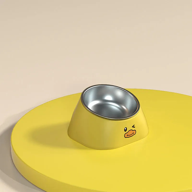 Green tilted stainless steel pet bowl with white PP base at 15-degree angle for cat or dog feeding