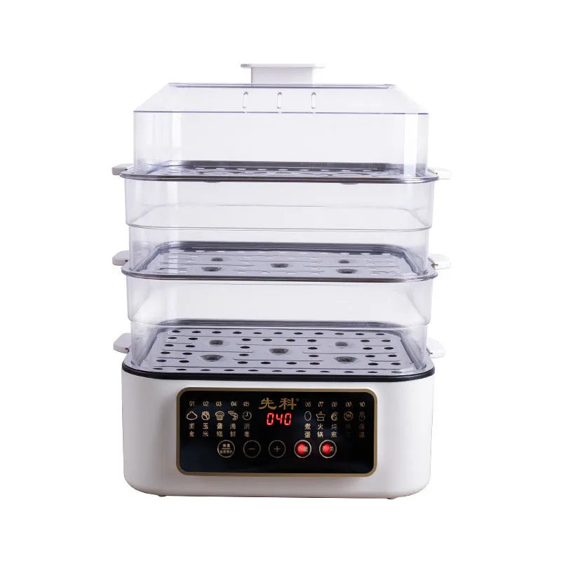 Household electric food steamer with stainless steel rack showing 10-litre capacity and control panel.