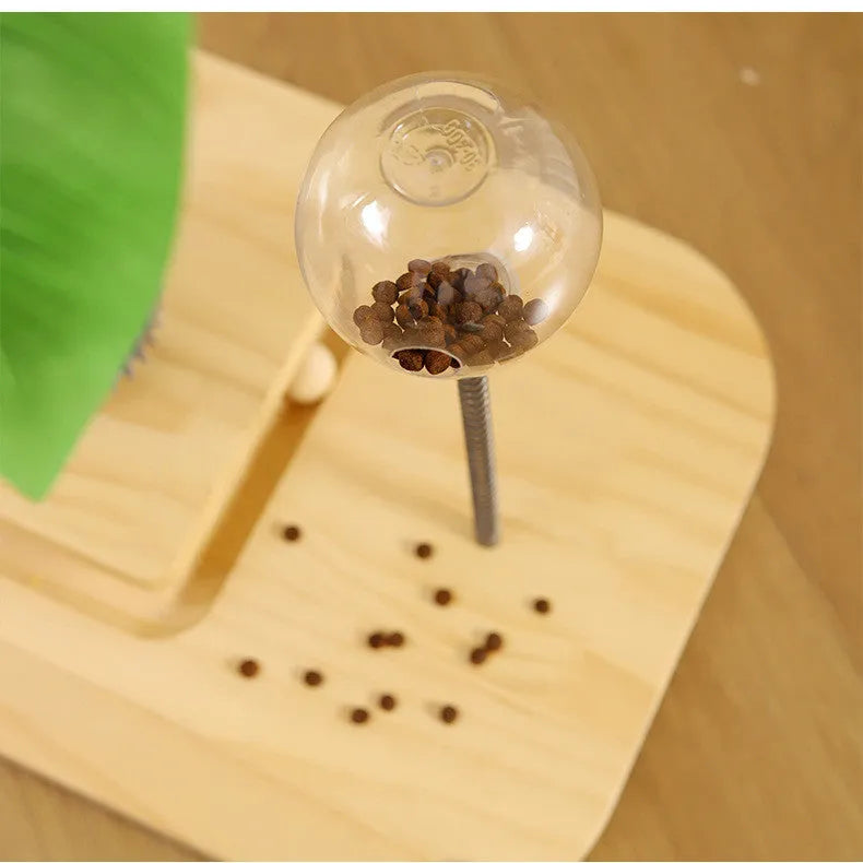 Vertical wooden cat scratching post with canna-coloured column and food drop ball feature