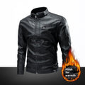 Men's PU leather motorcycle jacket in black with stitching, side pockets, and regular fit