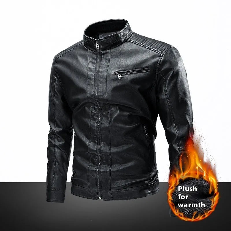 Men's PU leather motorcycle jacket in black with stitching, side pockets, and regular fit