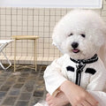 Korean style white dog sweater with pearl collar for small dogs showing princess design and size options