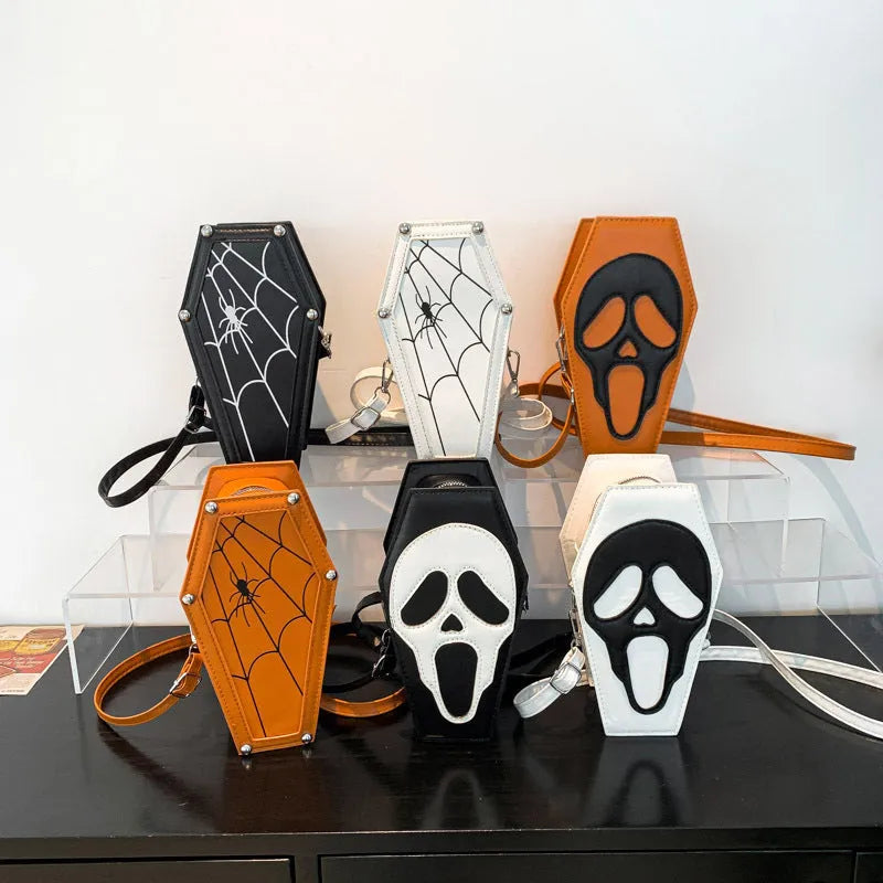 Halloween coffin-shaped shoulder bag in PU with spider web pattern, crossbody strap, compact size 12x22x9cm