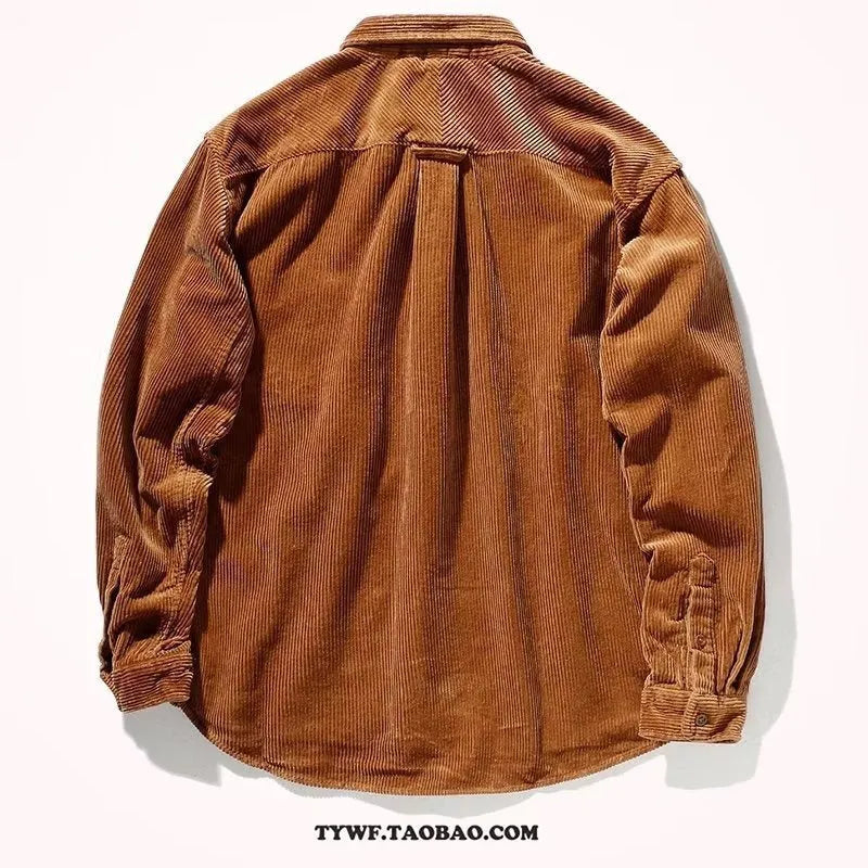 Japanese Hong Kong style loose fit corduroy shirt in caramel colour with cardigan design