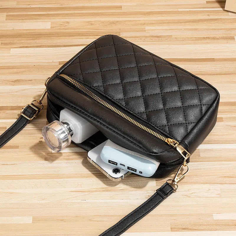 PU leather crossbody bag in horizontal square shape with large-capacity, diamond mesh and stitching details, available in white, black, pink